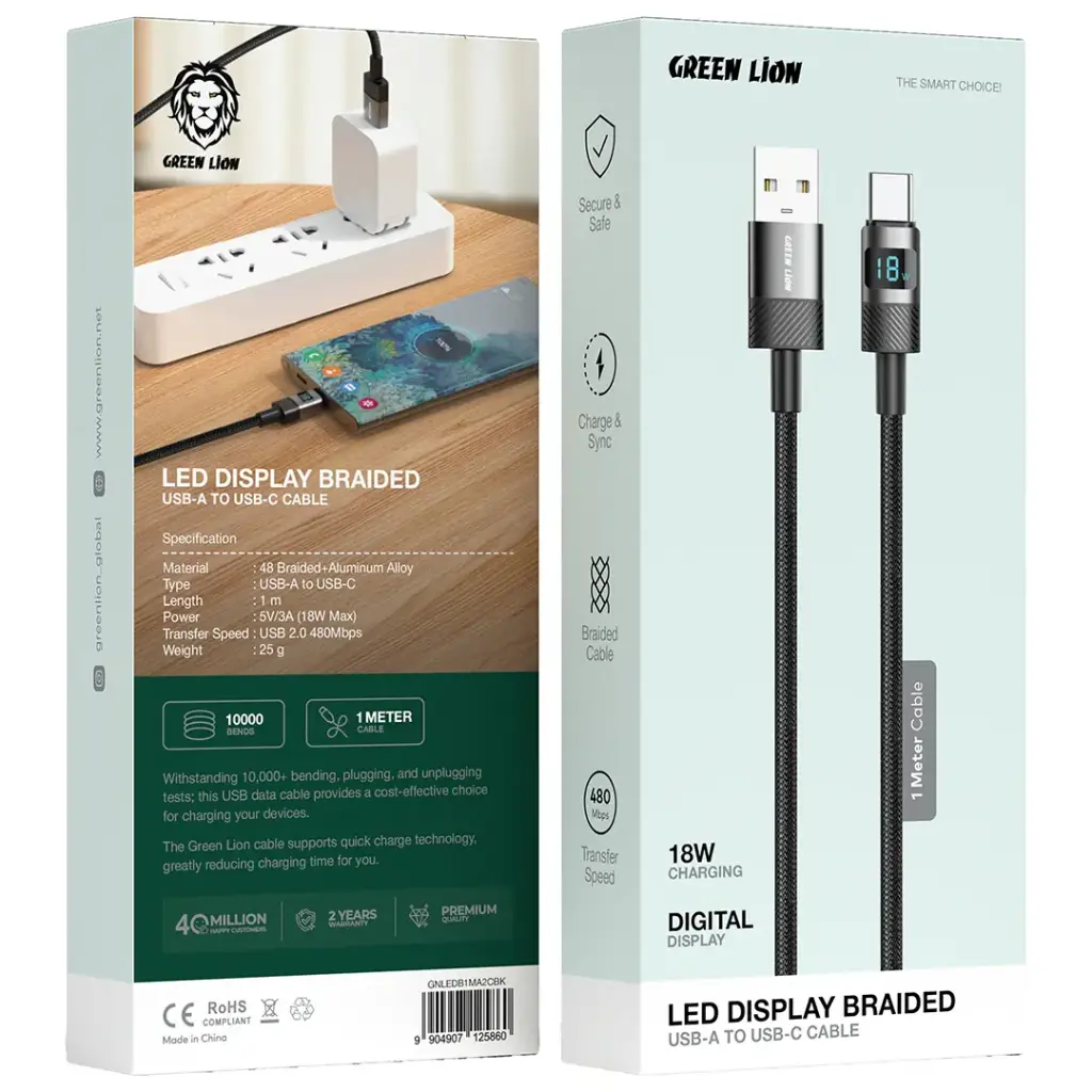 کابل شارژ گرین لاین مدل (LED Display Braided USB-A to Type-C) توان 18 وات
