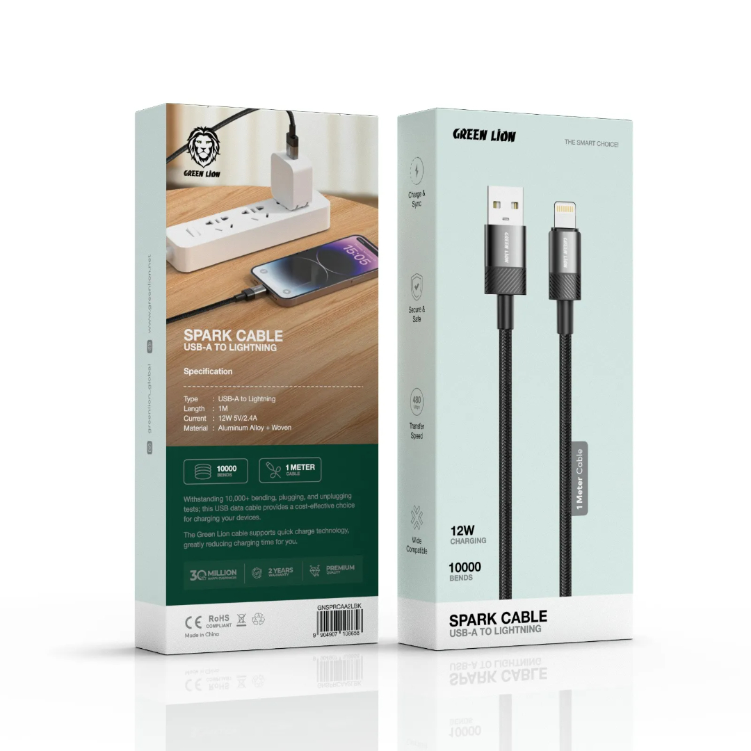 کابل شارژ گرین لاین مدل (Spark USB-A to Lightning) توان 12 وات