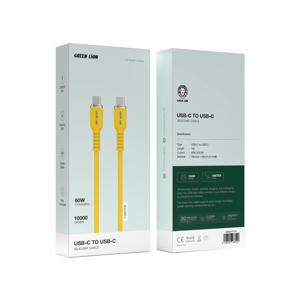 کابل شارژ گرین لاین مدل (Silicone USB-C to USB-C) توان 60 وات