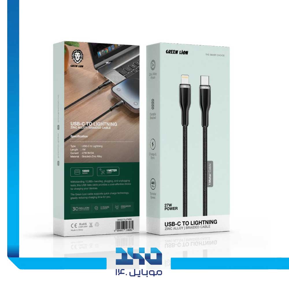 کابل USB-C به لایتنینگ 27 وات گرین لاین مدل Braided Zinc Alloy