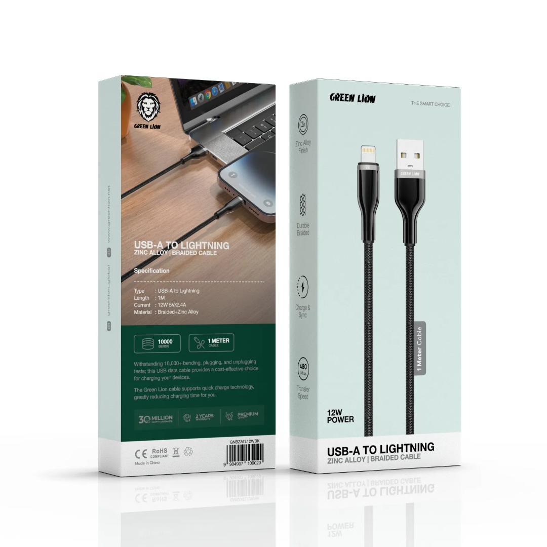 کابل شارژ گرین لاین مدل (Braided Zinc Alloy USB-A to Lightning) توان 12 وات