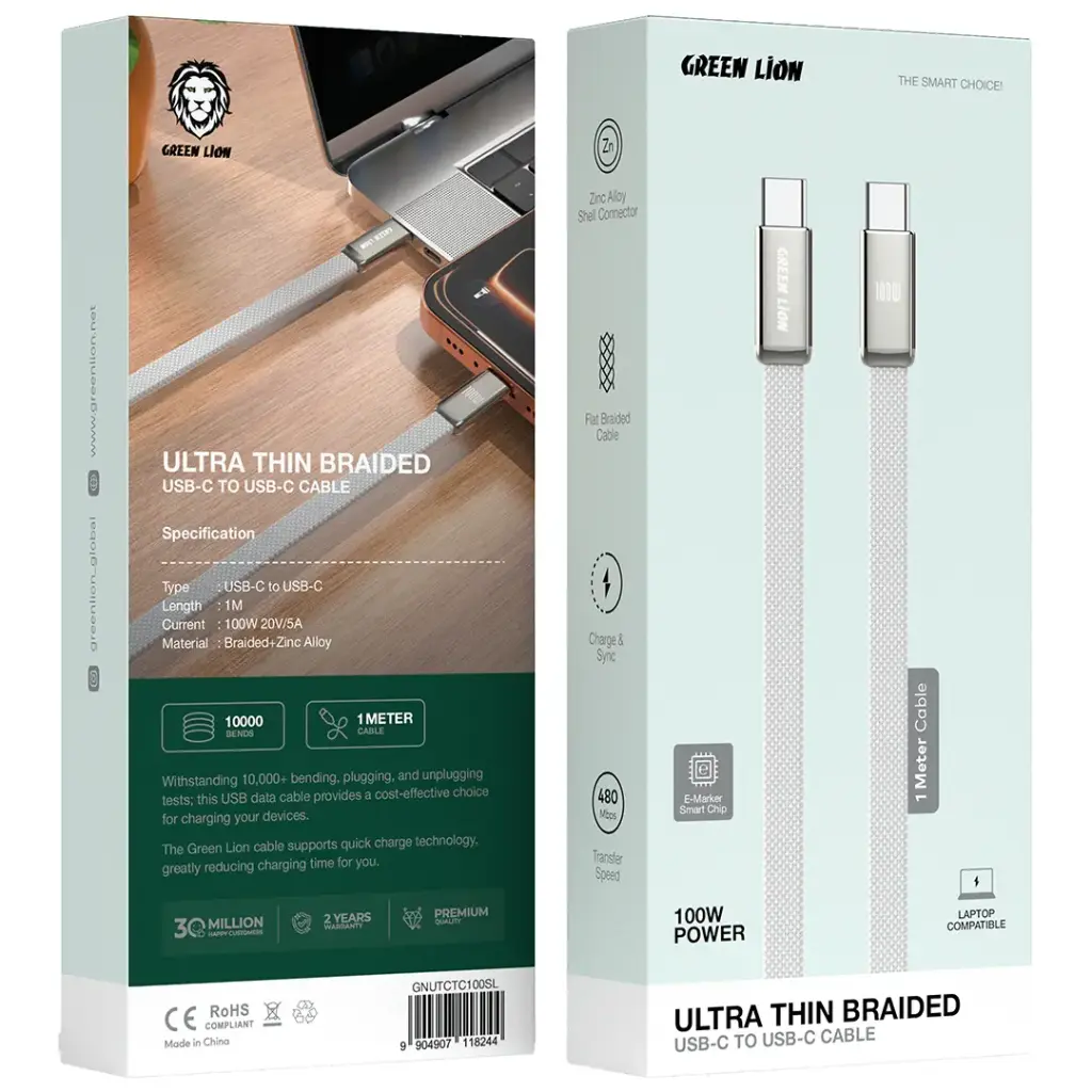کابل شارژ گرین لاین مدل (Ultra-Thin Braided USB-C to USB-C) توان 100 وات