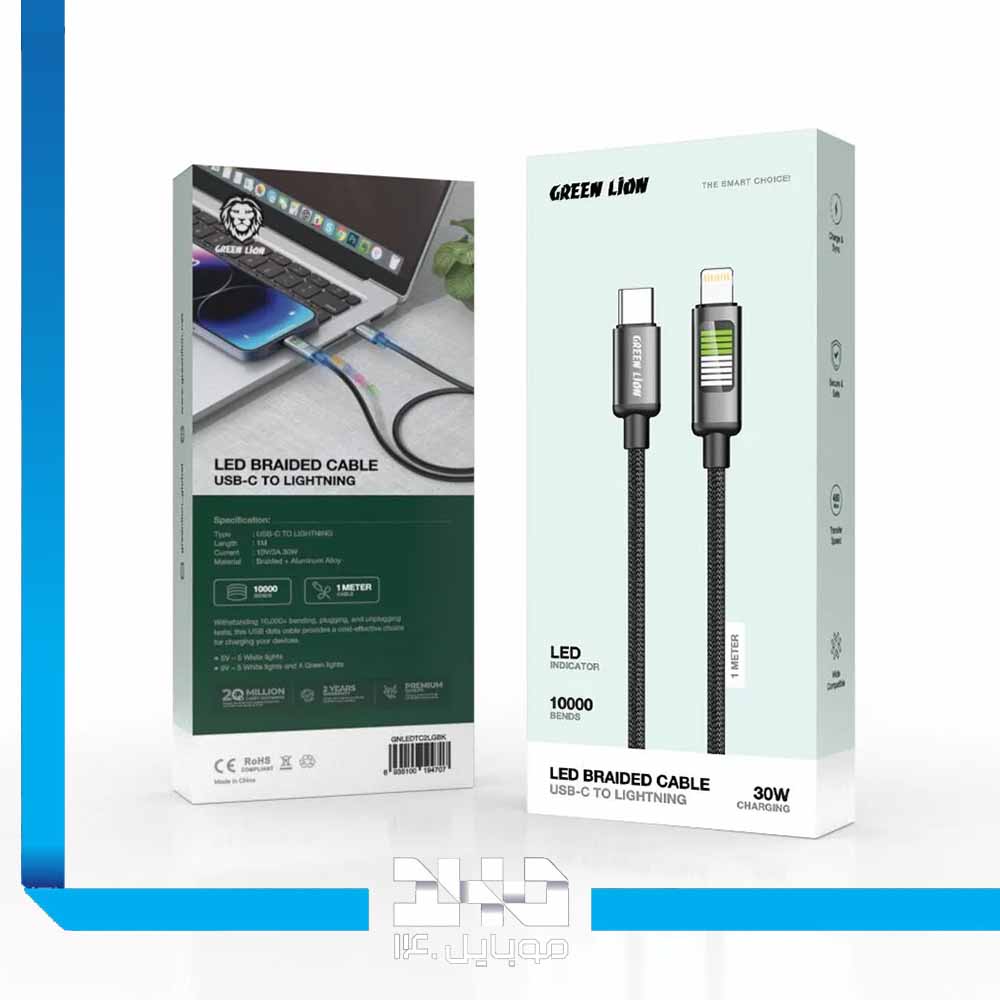 کابل USB-C به لایتنینگ گرین لاین LED Braided