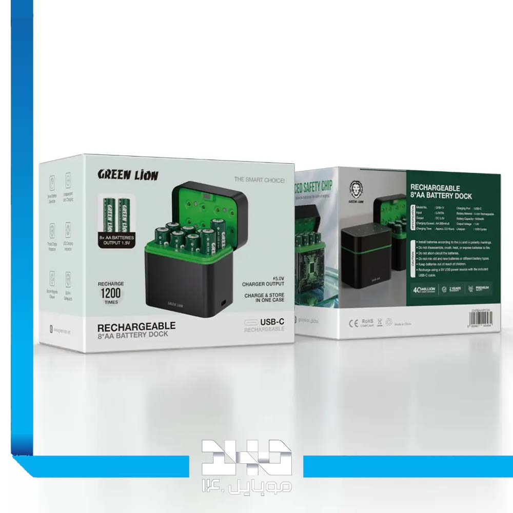 داک شارژ USB-C باتری قلمی گرین لاین به همراه 8 باتری AA