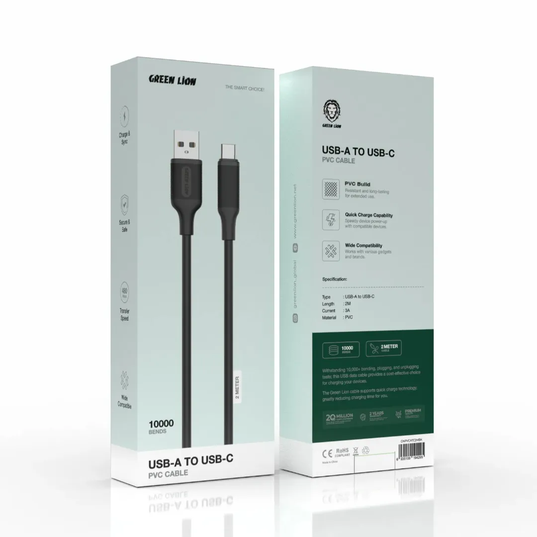 کابل تبدیل USB-A به USB-C گرین لاین با روکش PVC طول 2 متر
