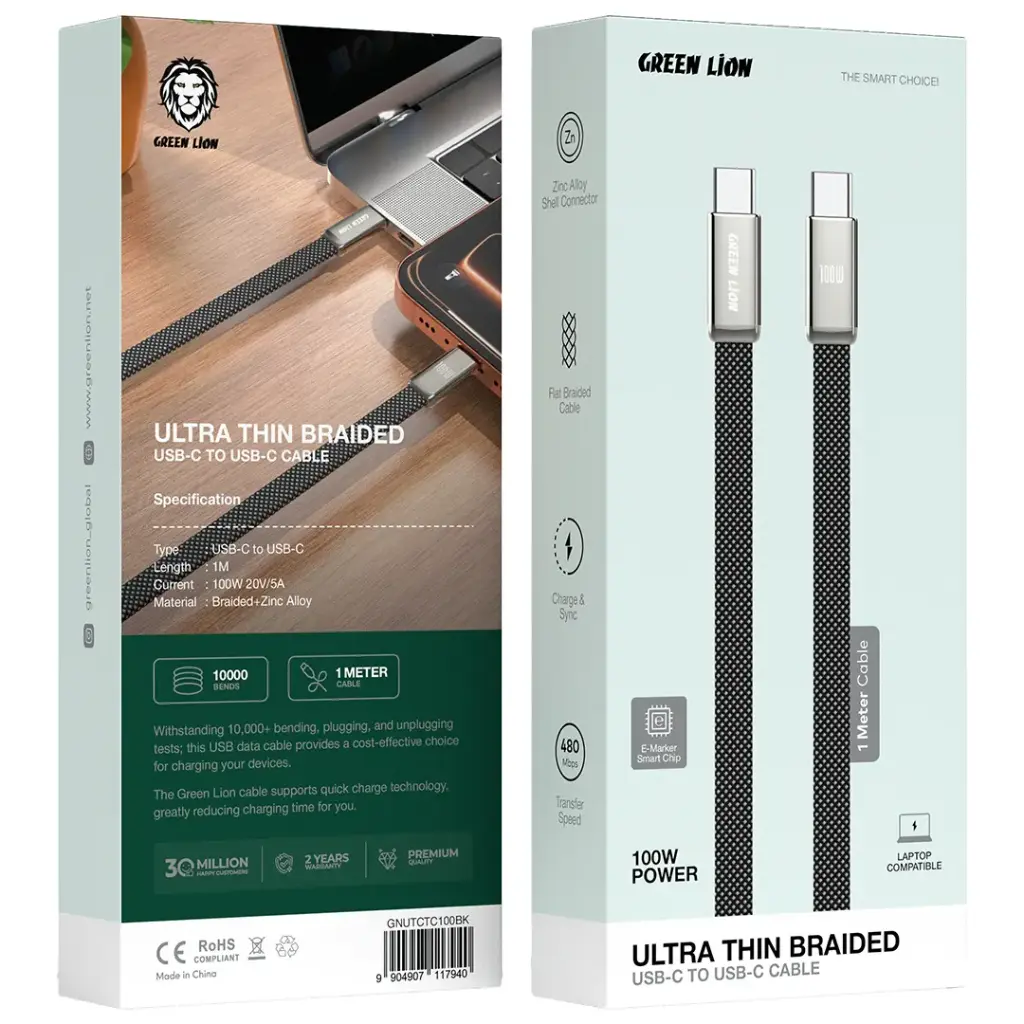 کابل شارژ گرین لاین مدل (Ultra-Thin Braided USB-C to USB-C) توان 100 وات