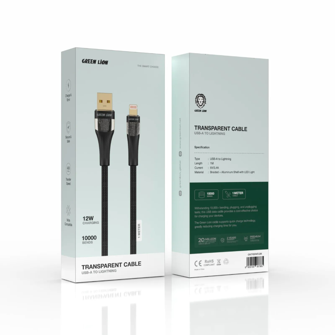 کابل شارژ گرین لاین مدل (Transparent Cable USB-A to Lightning) با نشانگر LED