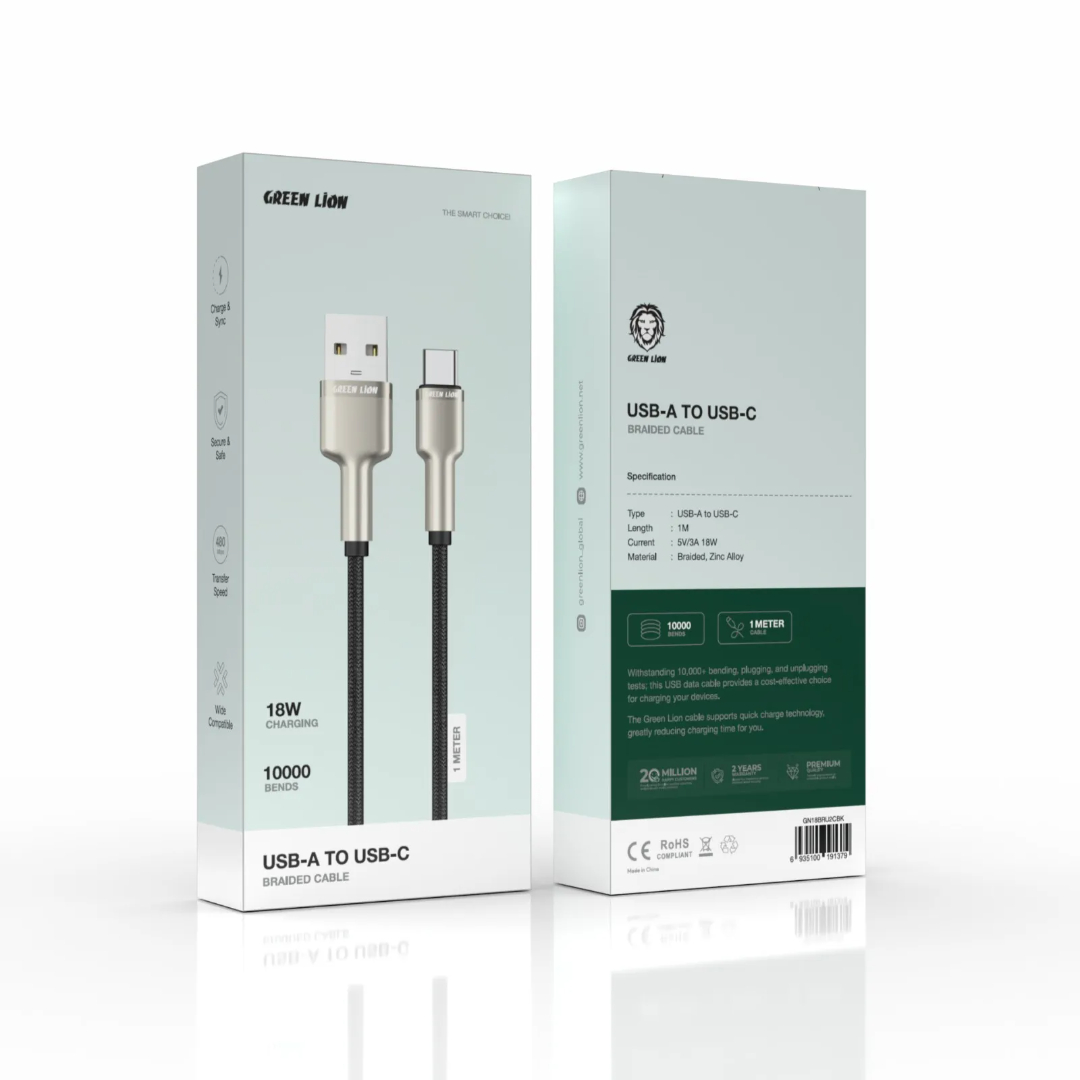 کابل شارژ گرین لاین مدل (USB-A to USB-C Braided Cable) توان 18 وات