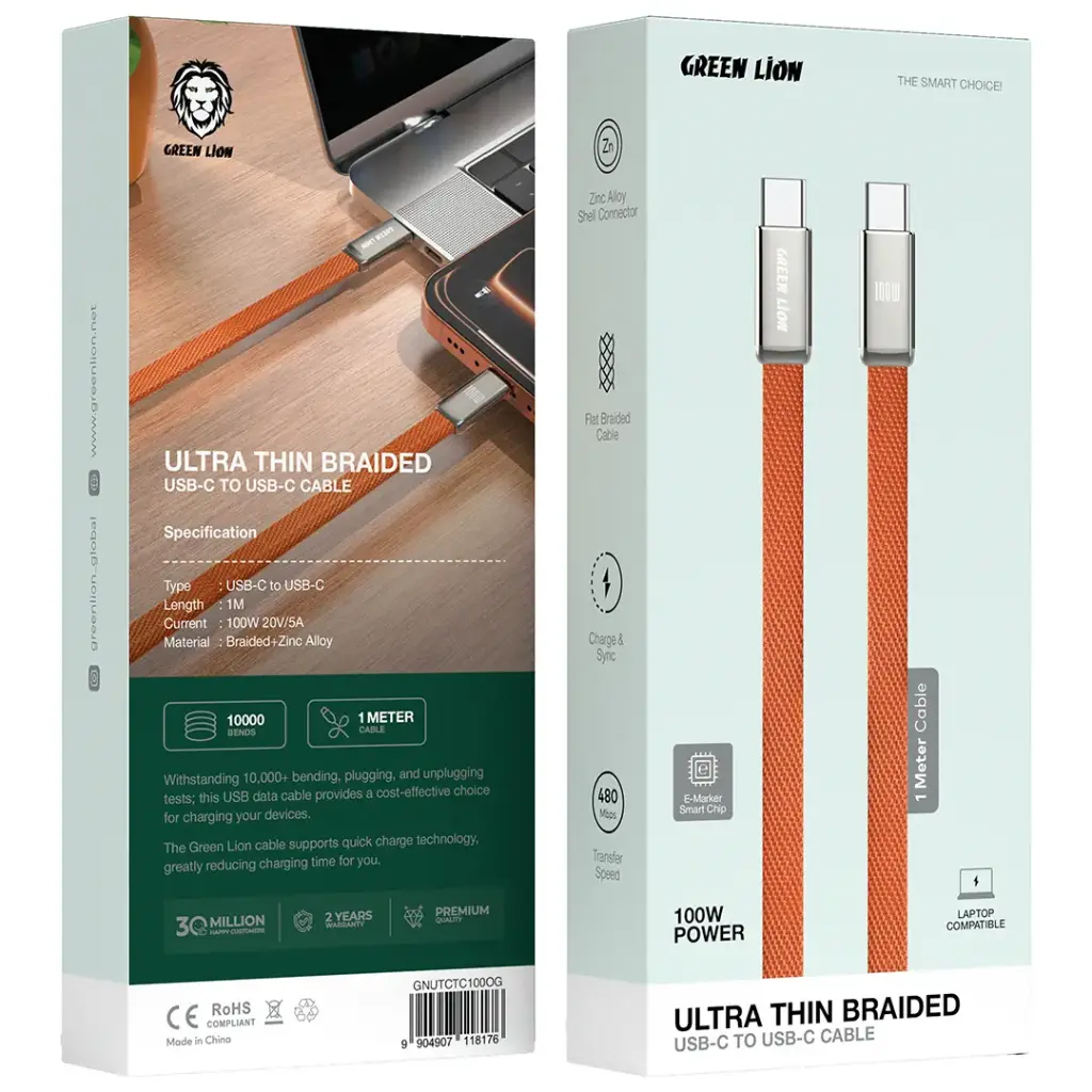 کابل شارژ گرین لاین مدل (Ultra-Thin Braided USB-C to USB-C) توان 100 وات