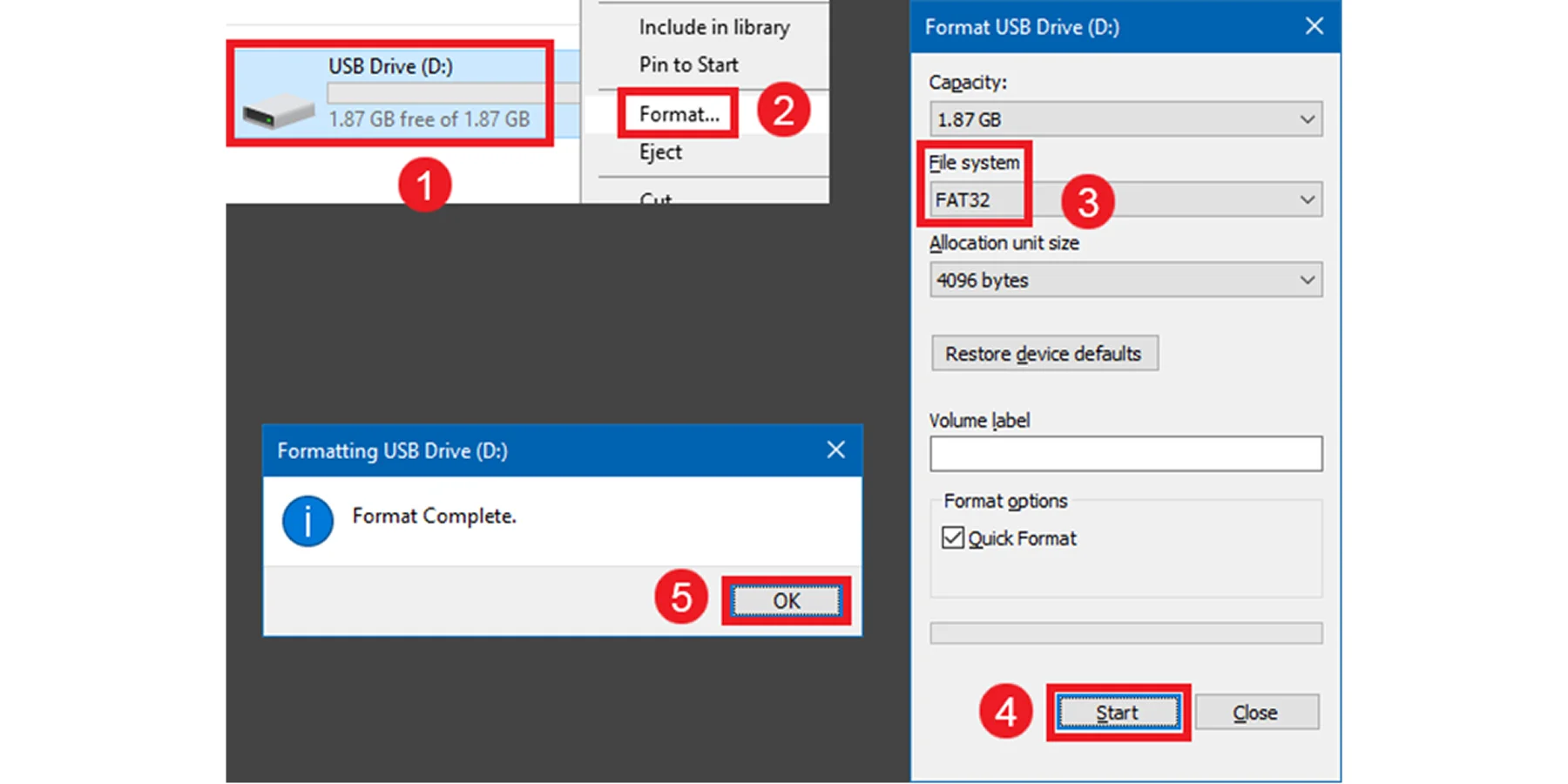 فرمت فلش باید FAT32 باشد؛ اگر از NTFS یا exFAT استفاده کنید، BIOS قادر به شناسایی آن نخواهد بود.