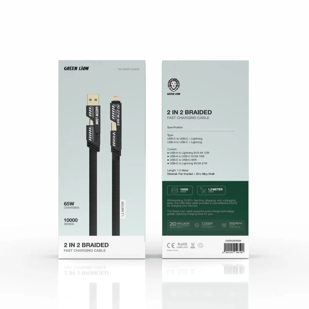 کابل تبدیل 2 در 2 گرین لاین با ورودی USB-A و USB-C و خروجی USB-C و لایتنینگ، 1.2 متری