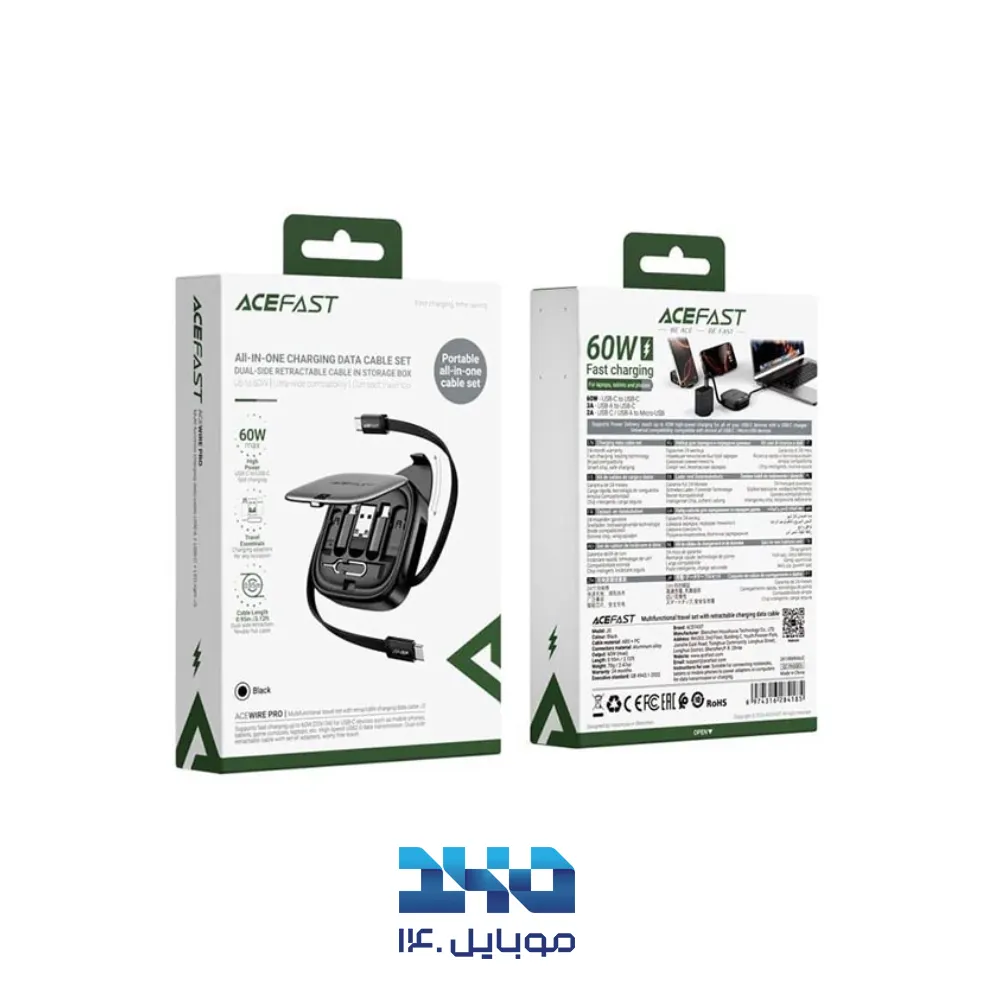 کابل چند منظوره ایس فست J3 Acewire Pro توان 60 وات با کابل جمع‌شونده