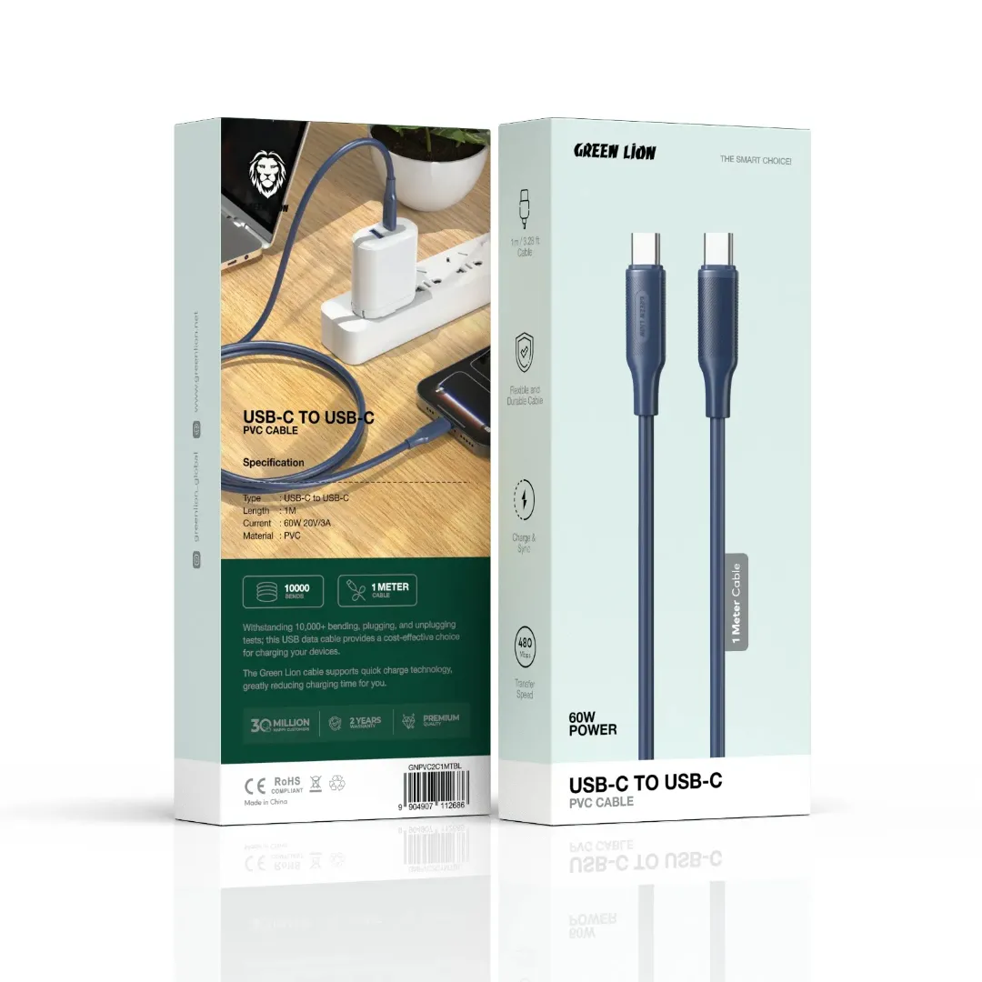 کابل شارژ USB-C به USB-C گرین لاین با روکش PVC طول 1 متر