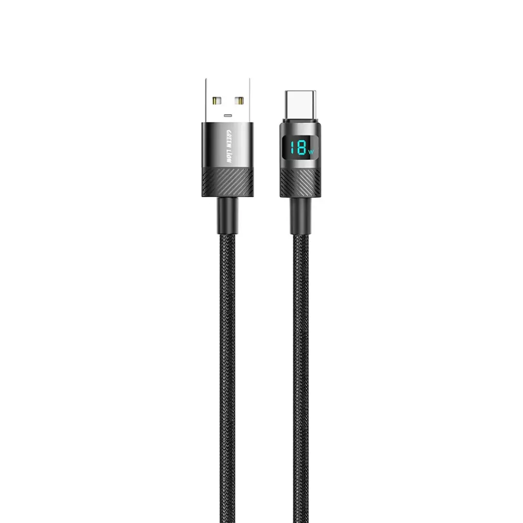 کابل شارژ گرین لاین مدل (LED Display Braided USB-A to Type-C) توان 18 وات
