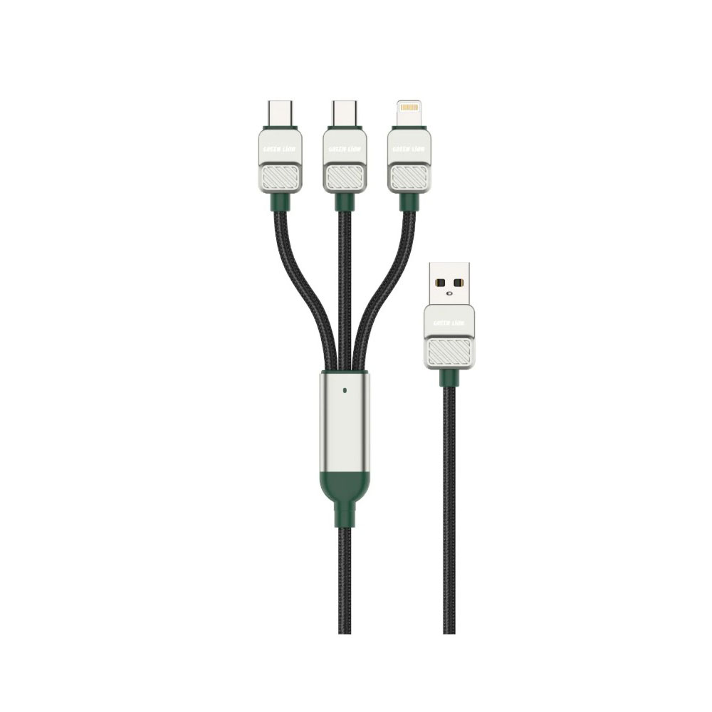 کابل تبدیل 3 در 1 USB-A به دو USB-C و یک لایتنینگ گرین لاین روکش Braided طول 1.2