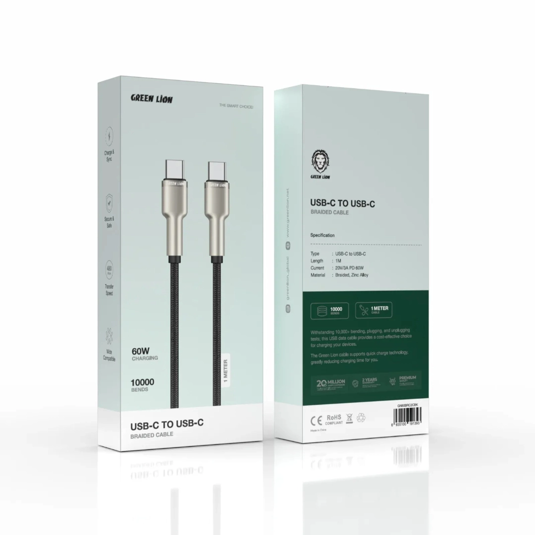 کابل USB-C به USB-C گرین لاین با روکش Braided و کانکتور آلیاژ روی توان 60 وات