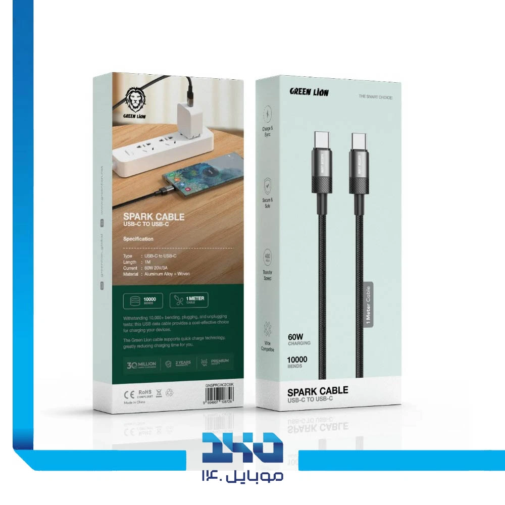 کابل شارژ USB-C به USB-C گرین لاین Spark توان 60 وات
