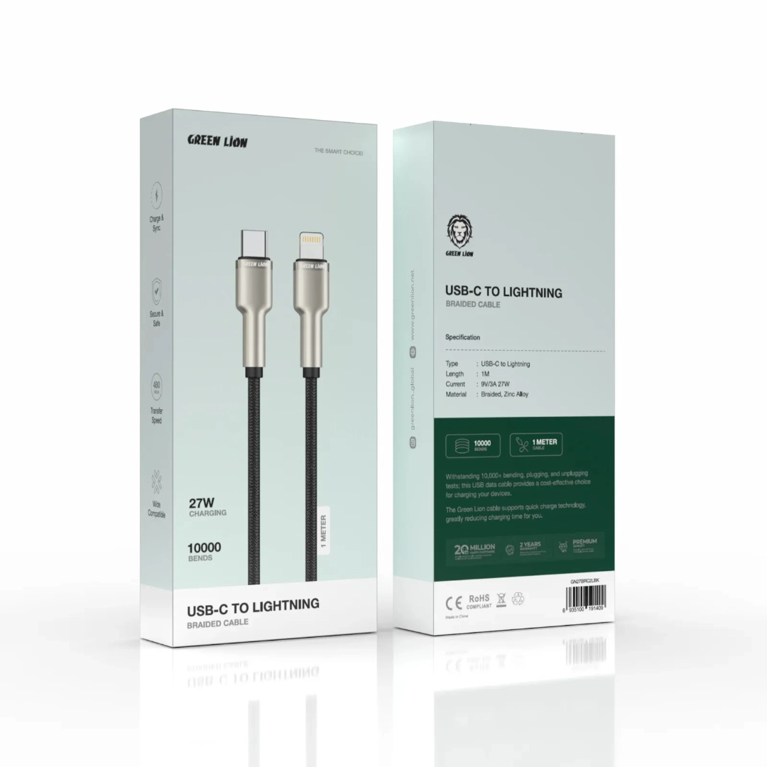 کابل تبدیل USB-C به لایتنینگ گرین لاین روکش Braided و کانکتور آلیاژ روی توان 27 وات