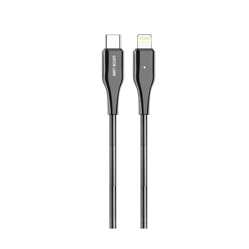 کابل شارژ USB-C به لایتنینگ گرین لاین با روکش فنری فلزی توان 30 وات طول 1 متر