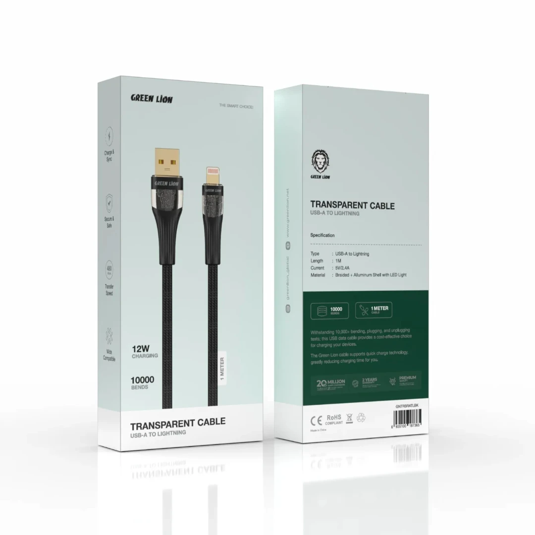 کابل تبدیل شفاف USB-A به لایتنینگ گرین لاین با نشانگر LED