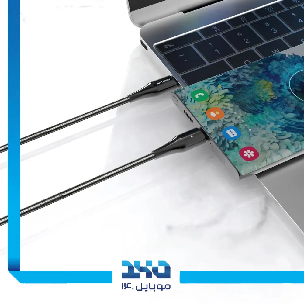 کابل شارژ USB-C به USB-C گرین لاین با روکش فنری فلزی توان 60 وات طول 1 متر
