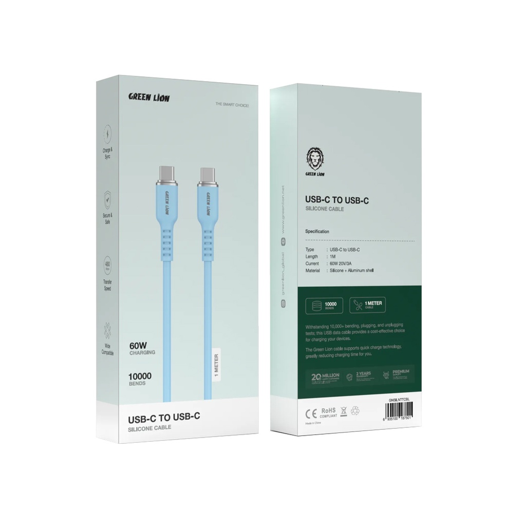 کابل شارژ گرین لاین مدل (Silicone USB-C to USB-C) توان 60 وات