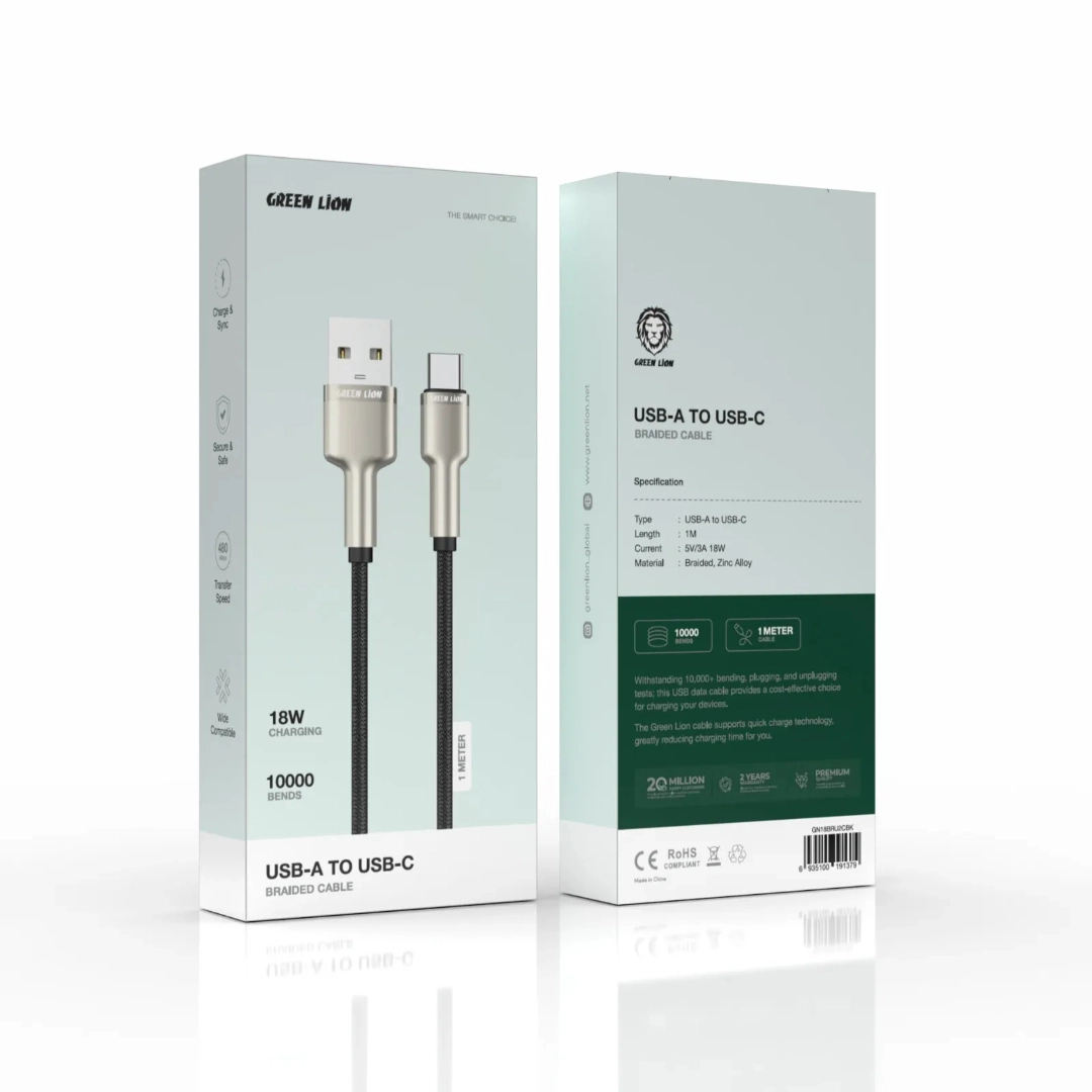 کابل تبدیل USB-A به USB-C گرین لاین با روکش Braided آلیاژ روی توان 18 وات