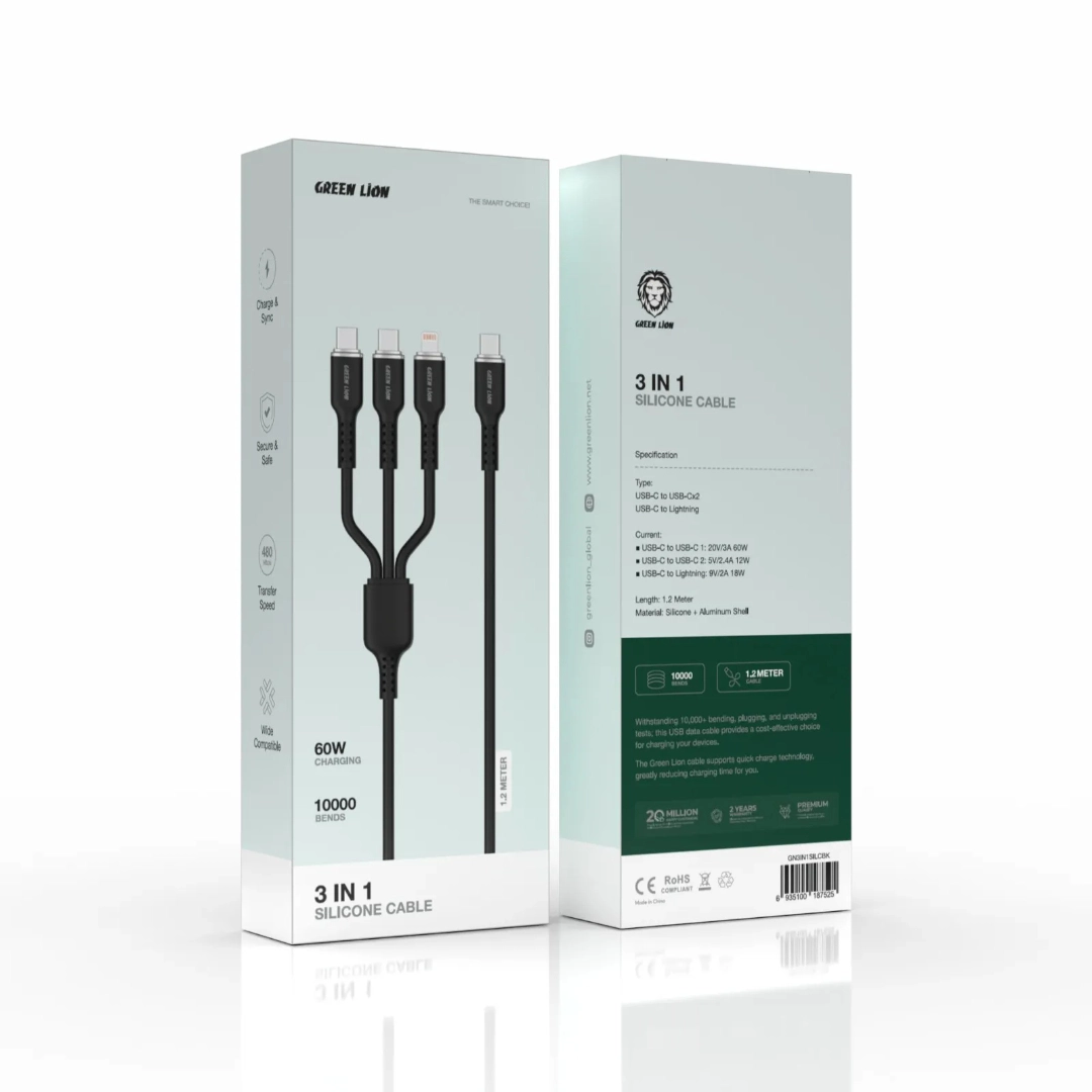 کابل تبدیل 3 در 1 سیلیکونی گرین لاین USB-C به دو USB-C و لایتنینگ، 1.2 متری 60 وات