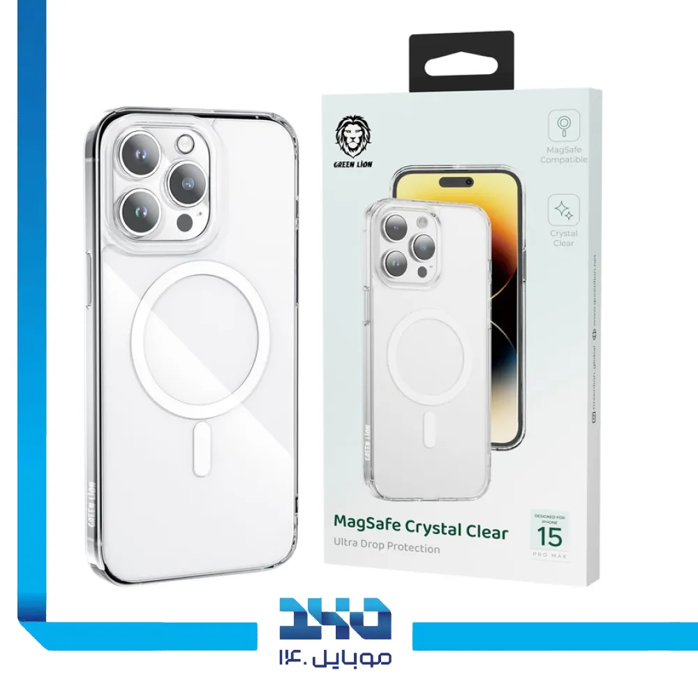 قاب گوشی آیفون 15 پرو مکس مدل Green Lion MagSafe Crystal Clear Case فوق شفاف