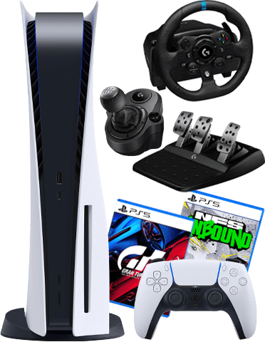 کنسول بازی سونی مدل PlayStation 5 Standard به‌همراه فرمان بازی لاجیتک مدل G923 و جعبه دنده لاجیتک مناسب برای PS5 و بازی NFS Unbound و بازی Gran Turismo