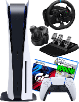 کنسول بازی سونی مدل PlayStation 5 Standard به‌همراه فرمان بازی لاجیتک مدل G923 و جعبه دنده لاجیتک مناسب برای PS5 و بازی NFS Unbound و بازی Gran Turismo